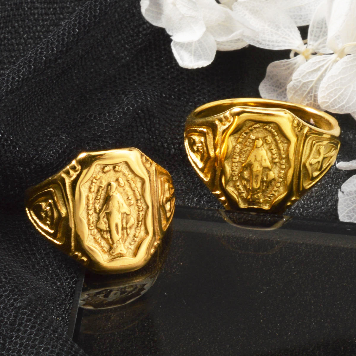 Women's 18K Gold Plated Signet Ring with Religious Engraving